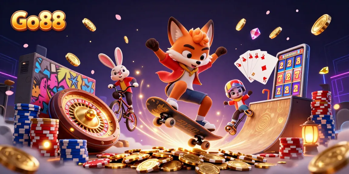 Engage with Go88's thrilling gaming adventure featuring animated characters and casino elements.