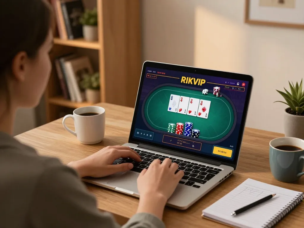 Engaging in RIKVIP online gaming from a cozy home office setup with strategic notes and a warm atmosphere.