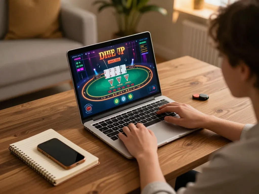 Pemain terlibat dalam permainan blackjack kiu77 di laptop, menunjukkan persiapan taruhan strategis.