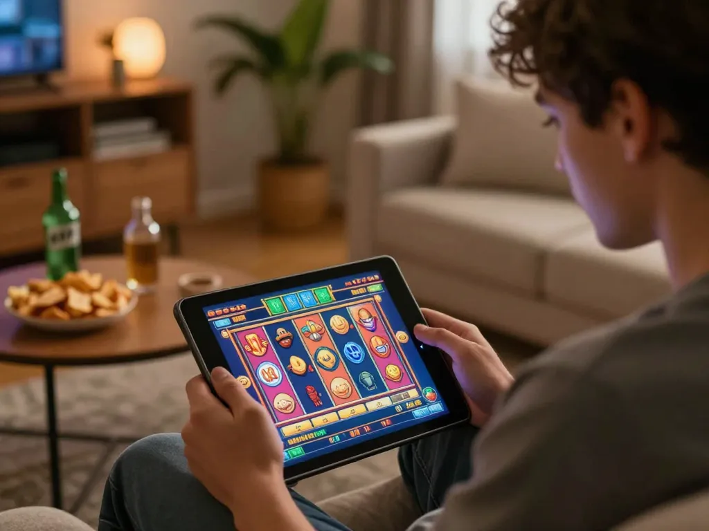Engaging in a slot online game on a tablet, highlighting the excitement of virtual gambling.