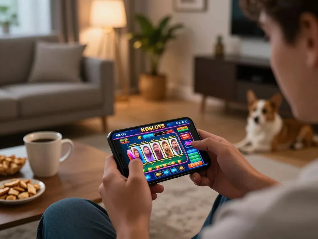 KDSlots app displayed on a smartphone as a player enjoys online gaming in a cozy living room.