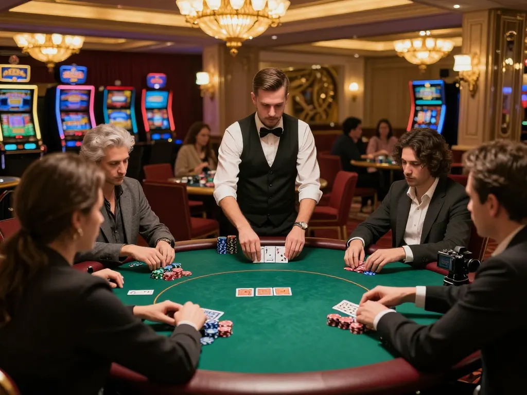 Engaged players at https://ymm88.cyou/ poker table, dynamic game scene with dealers and chips