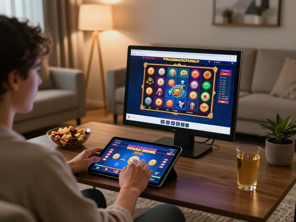 Engaging in a dynamic Pragmaticplay slot game on a tablet in a cozy home setting.