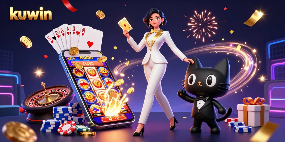 Kuwin's glamorous casino scene with a woman in tuxedo shuffling cards among vibrant game elements.