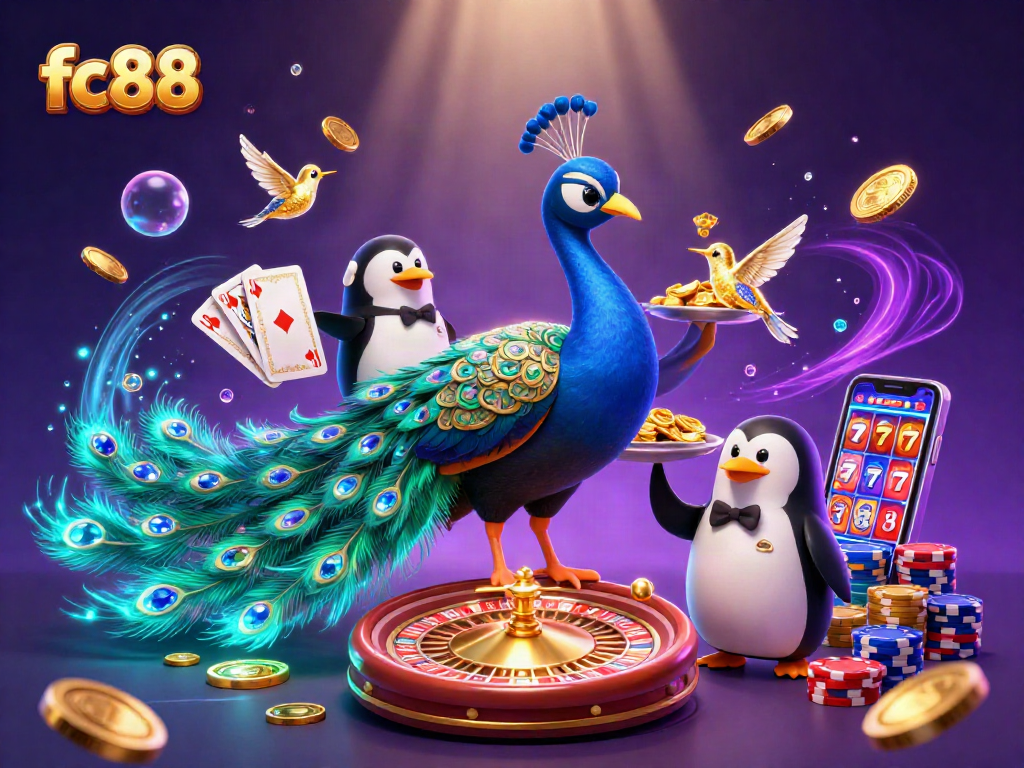 Spin and win at fc88 with a dazzling 3D casino scene full of vibrant characters and thrilling game elements.