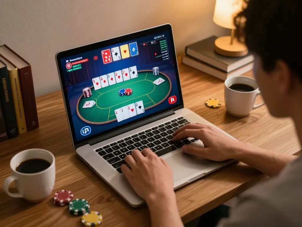 Engaging gameplay of slot gacor gampang menang with colorful cards and chips on a cozy home desk