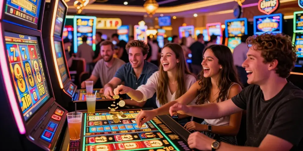 Excited friends celebrating their win at a Lucky777 slot machine in a vibrant casino.