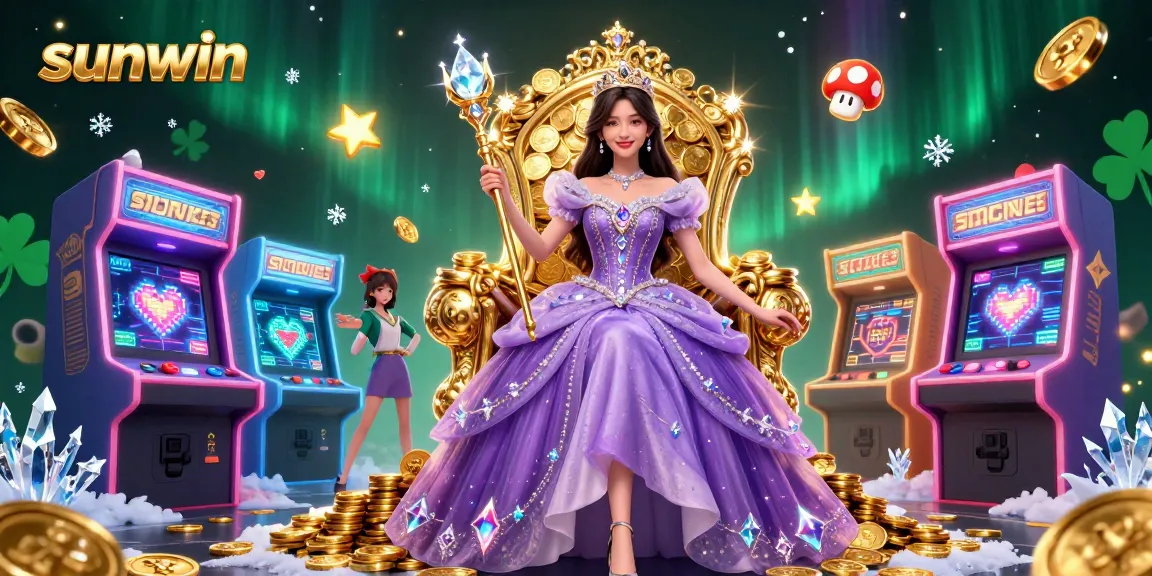 Experience the magic of Sunwin with a stunning casino-themed illustration showcasing vibrant arcade games and regal elements.