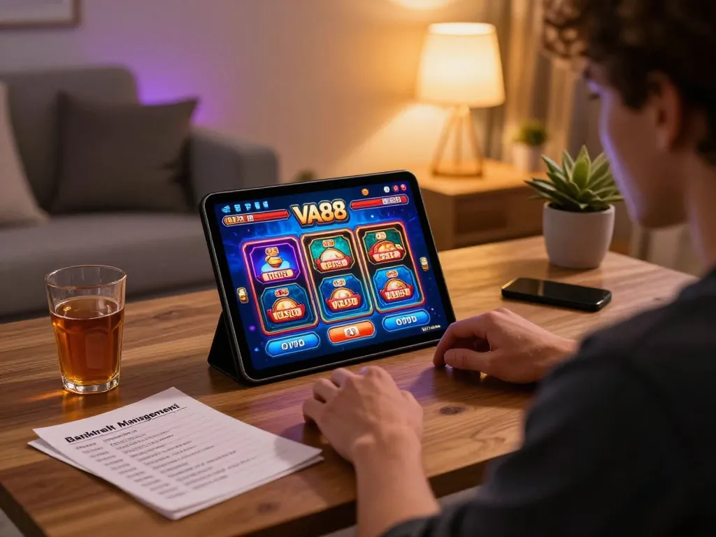 Player enjoying slots on VA88 app in cozy home setting, illustrating responsible gambling.