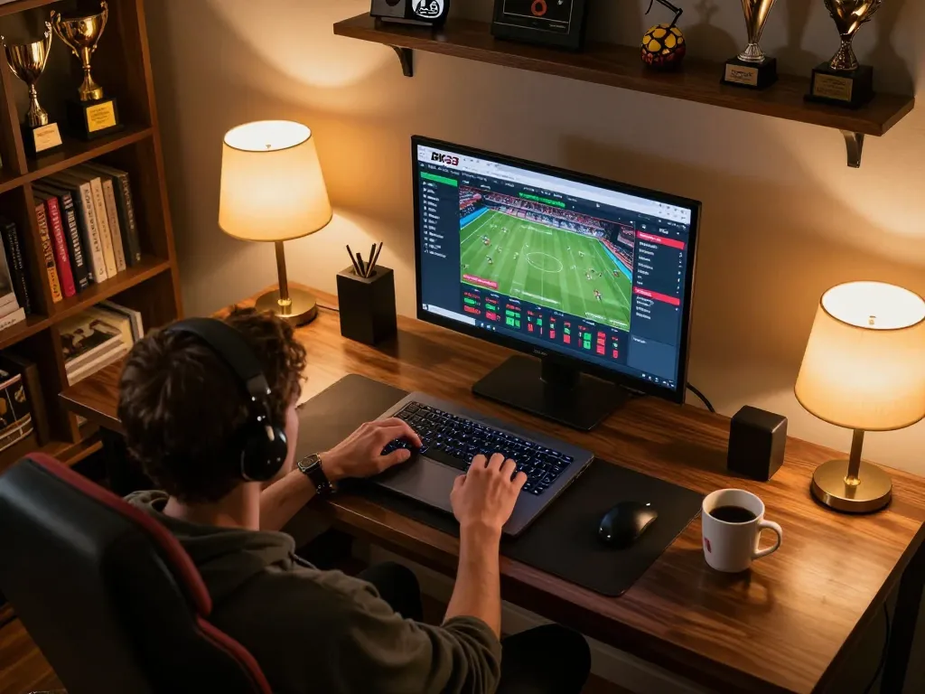 Engaged in sports betting on BK33 from a cozy home office setup with immersive gaming atmosphere