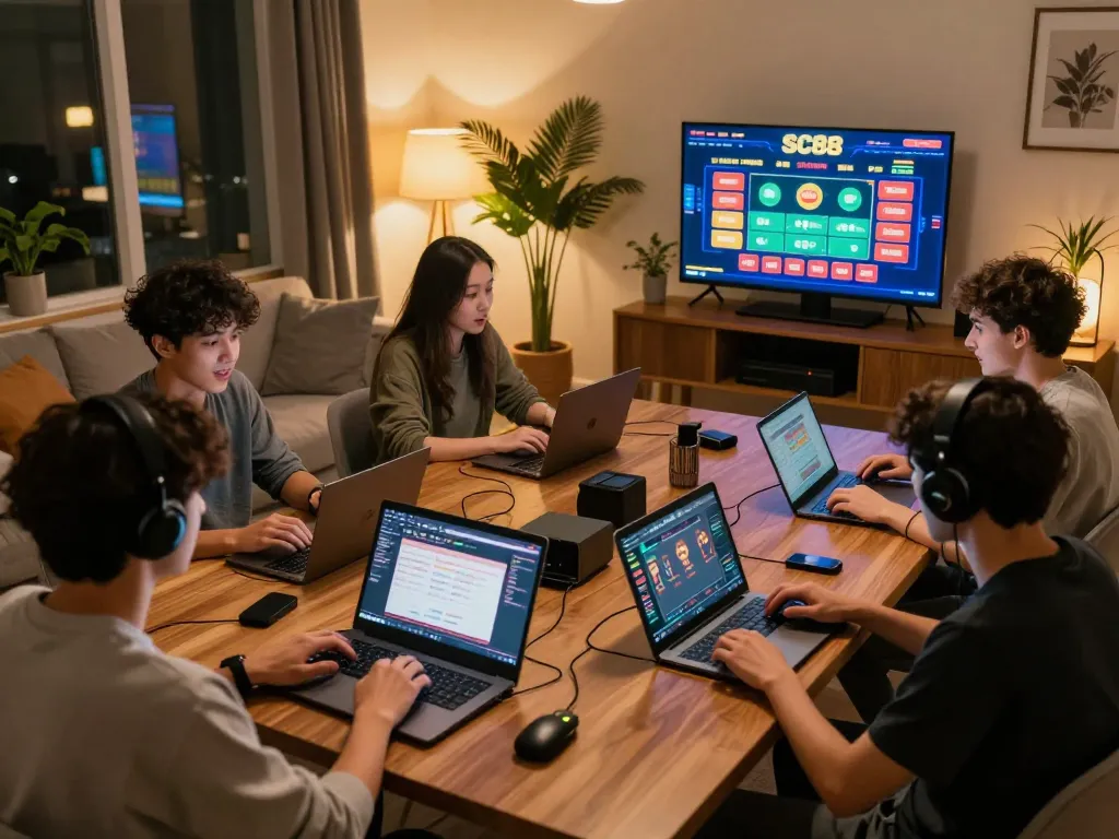 Players enjoying the SC88 online casino experience at home surrounded by a lively gaming atmosphere.