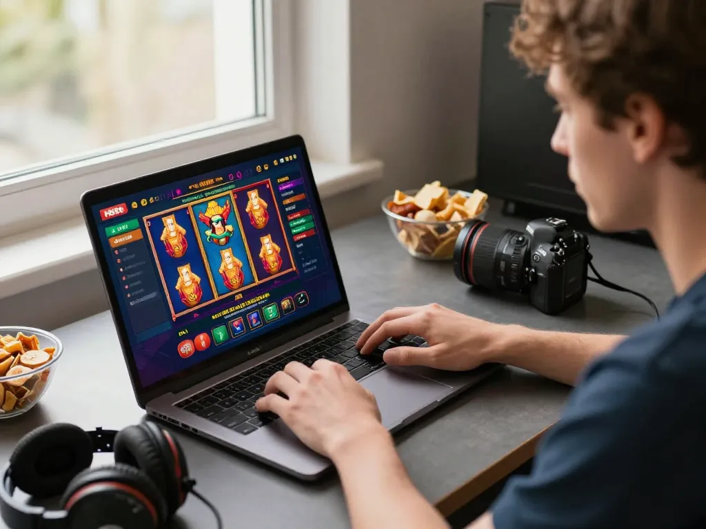 Player engaging with HD88 online casino interface, focused on colorful slot games and live dealers.