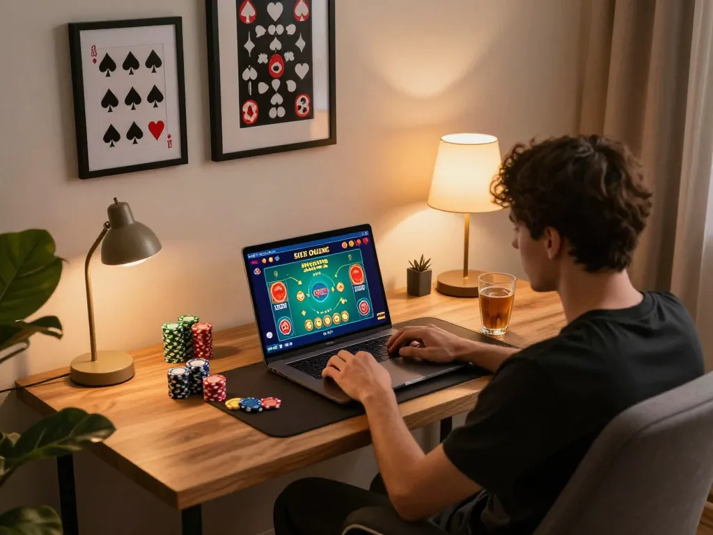 Sicbo Online gameplay displayed on a laptop screen with cozy home setup around the user.