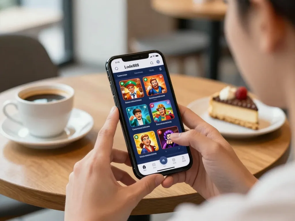 Explore Lode88 app for online casino gaming in a cozy coffee shop setting.