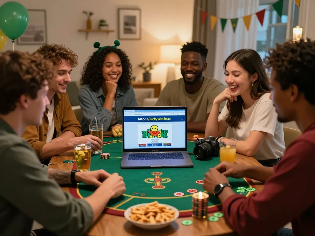 Friends enjoying gaming night on https://luckywin.free/ with snacks and drinks, vibrant atmosphere.