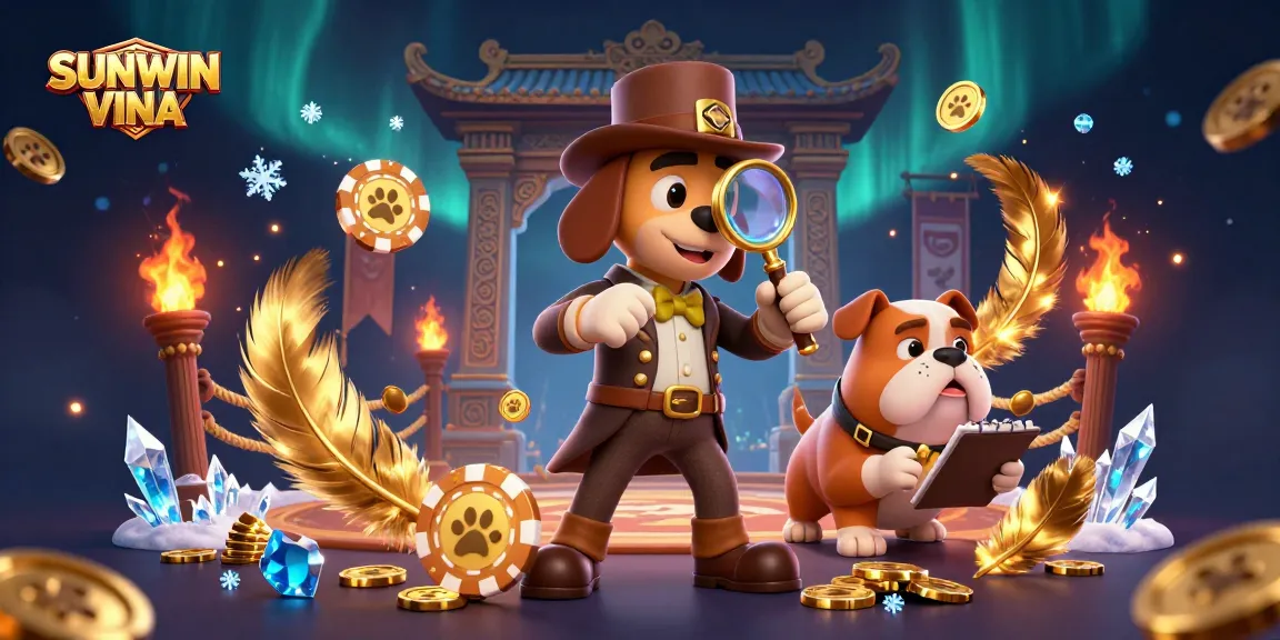 Uncover winning clues at SUNWIN VINA with a cartoon detective analyzing poker chips in a vibrant casino scene.