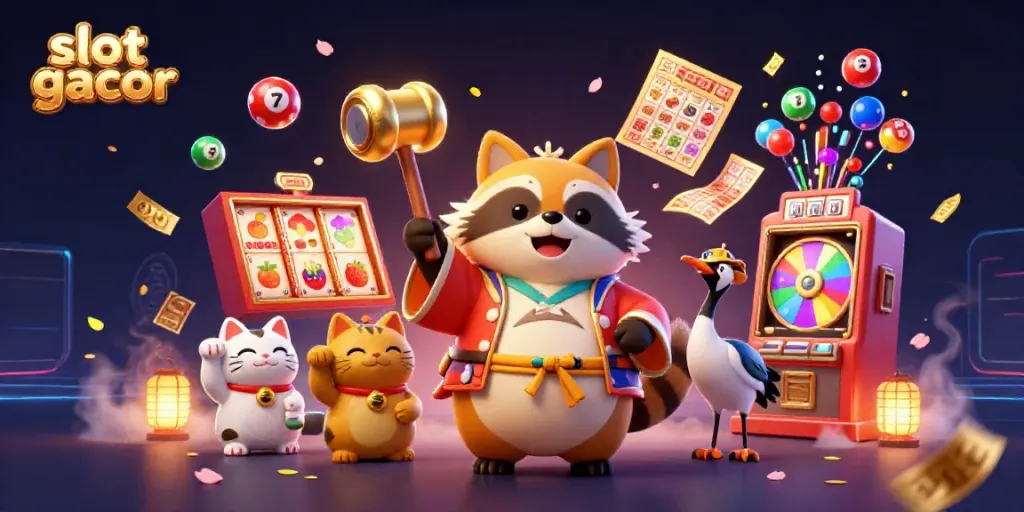 Experience adventure with slot gacor, featuring a joyful tanuki and vibrant slot elements.