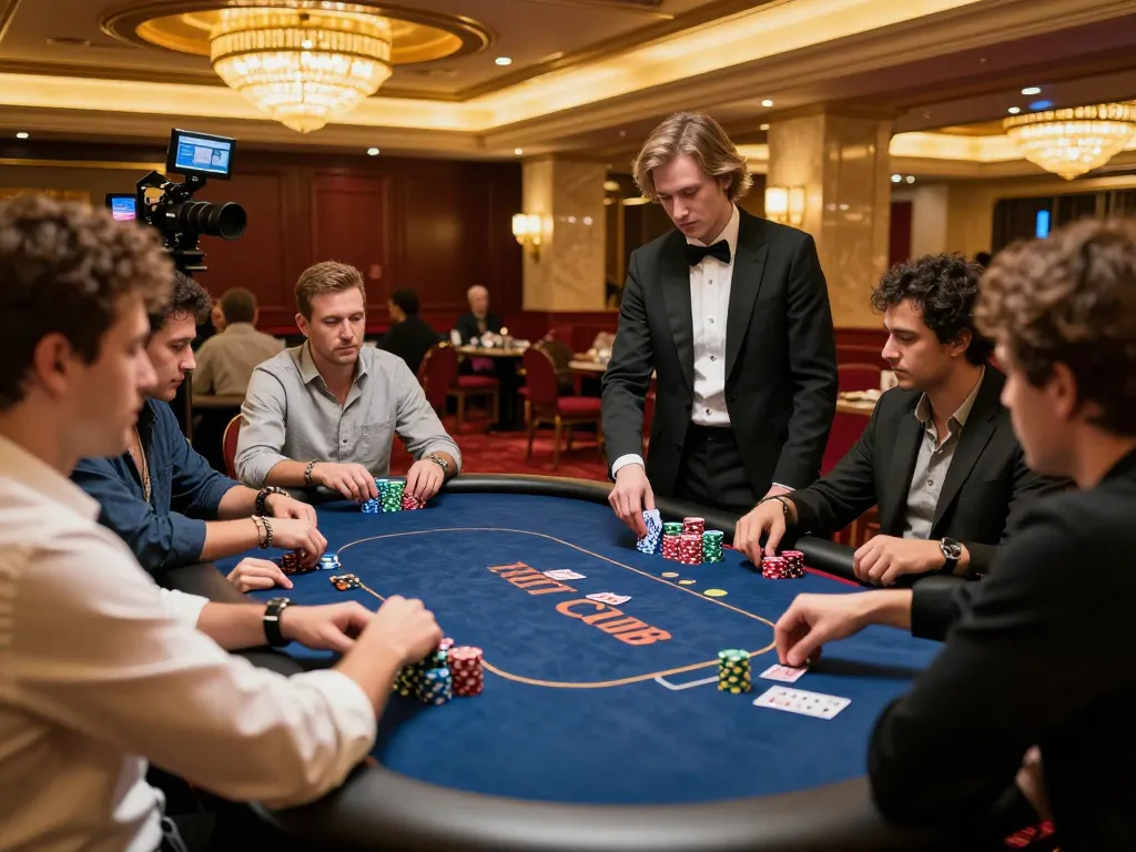 HIT CLUB competitive players strategizing at a high-stakes poker table in an upscale casino
