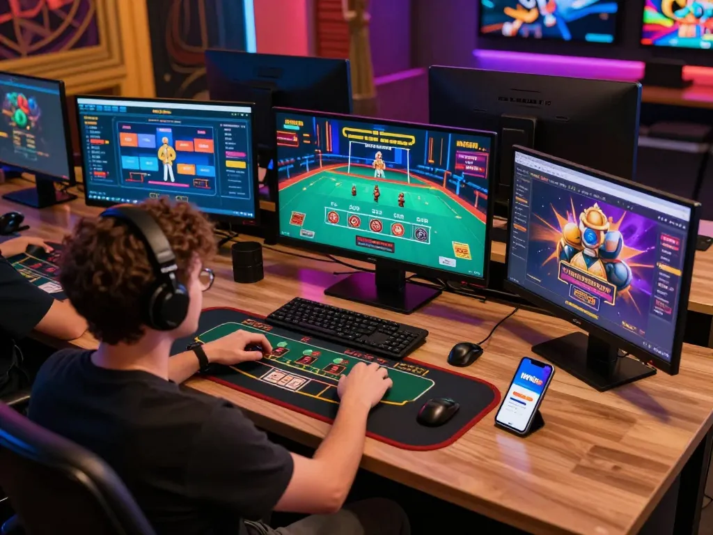 IWIN68 user engaging in live blackjack gameplay at a well-lit home office with multiple screens.