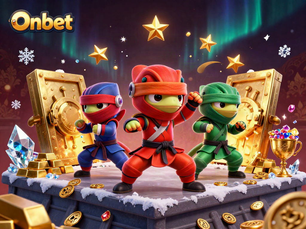Experience Onbet's exciting gameplay with ninja chameleons and treasure in a vibrant 3D casino scene.