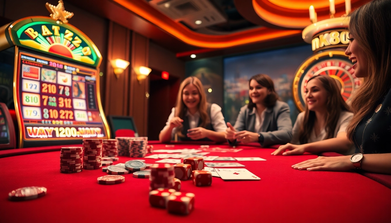 Players enjoy games at nk88 casino with vibrant tables and exciting slot machines.