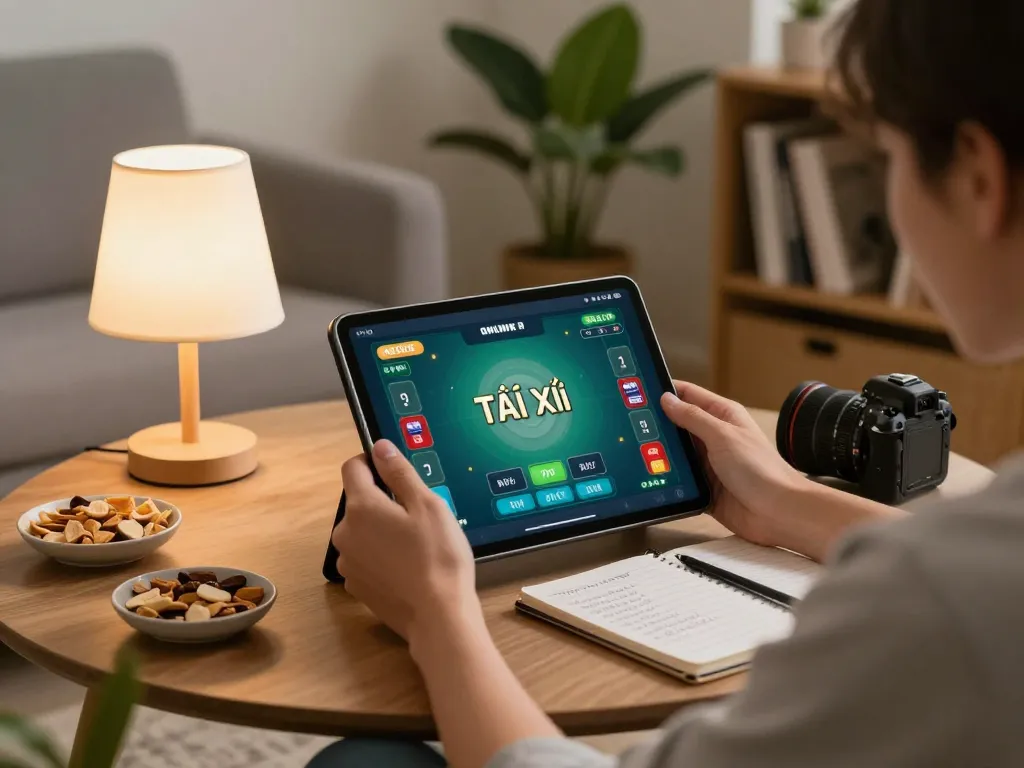 Tài xỉu online gameplay on a tablet, cozy home setting with snacks and strategy notes