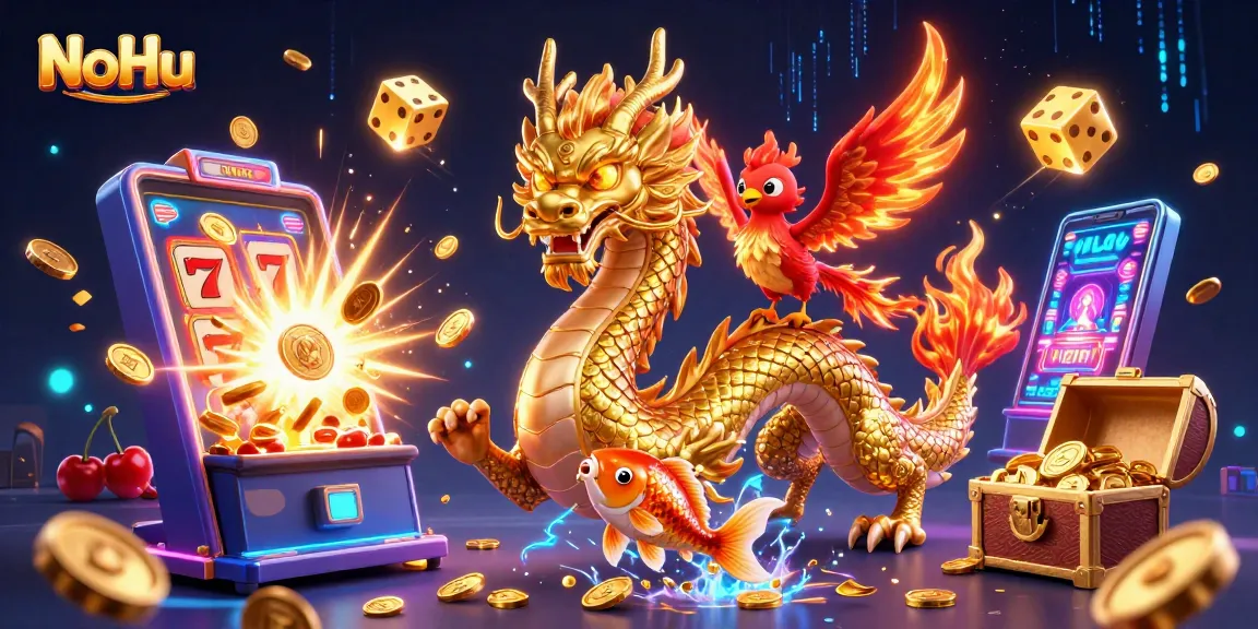 NoHu reveals thrilling gaming adventures with an energetic illustration of a dragon, phoenix, and koi fish amidst a jackpot explosion.