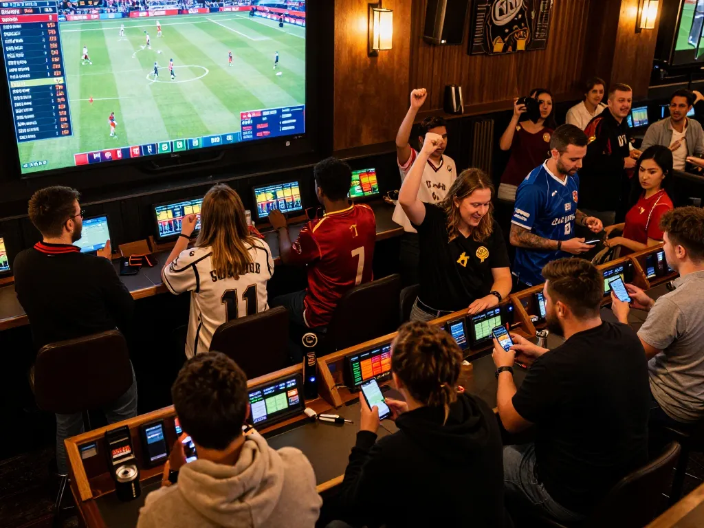 Fans enjoying sports betting at VU88 with live odds displayed, creating an engaging atmosphere.