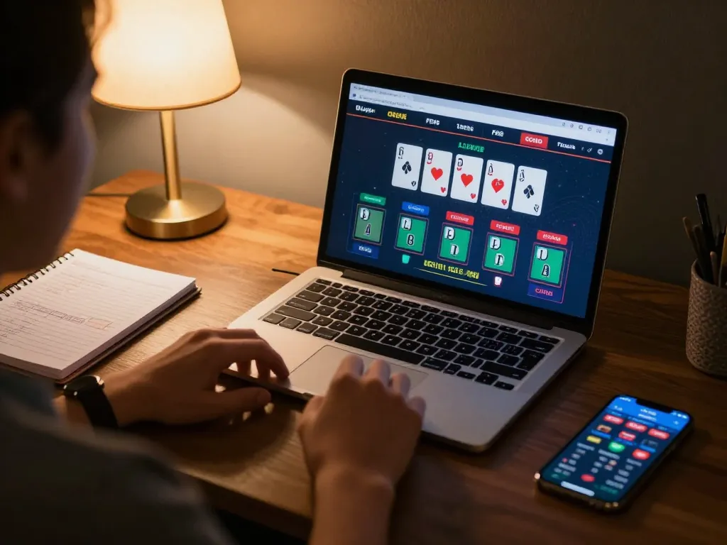 Person playing live dealer blackjack on 9bet laptop, surrounded by strategic notes and a smartphone.