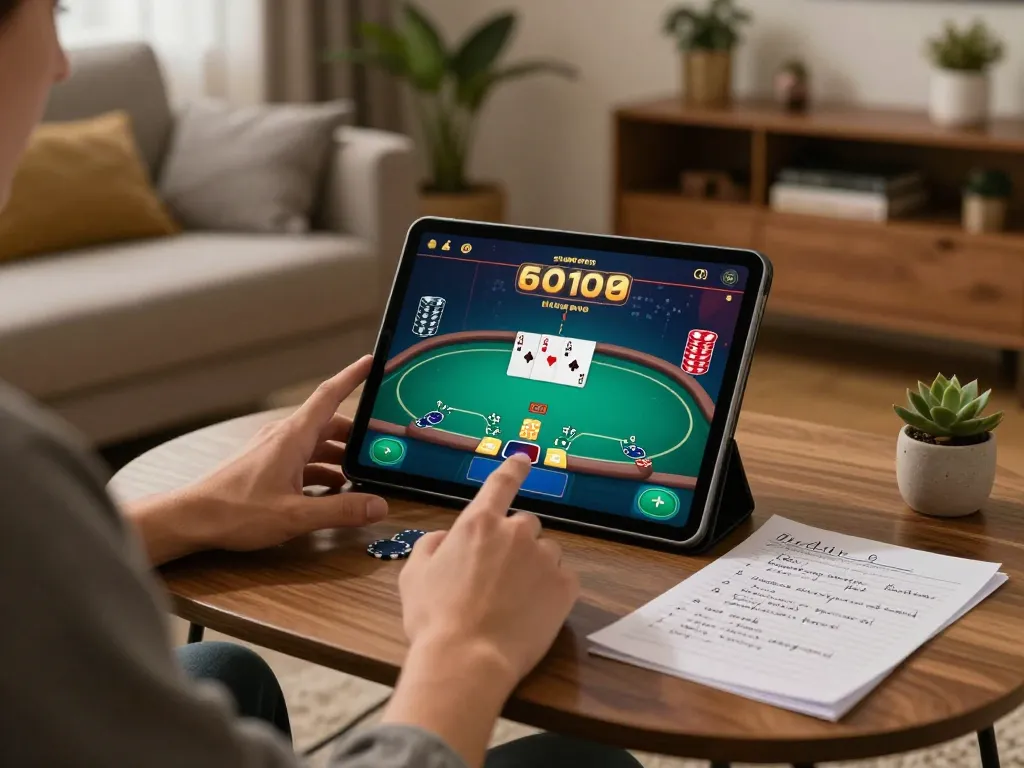 Engaging in online poker gameplay at home with 888New, showcasing strategic betting actions and cozy atmosphere.