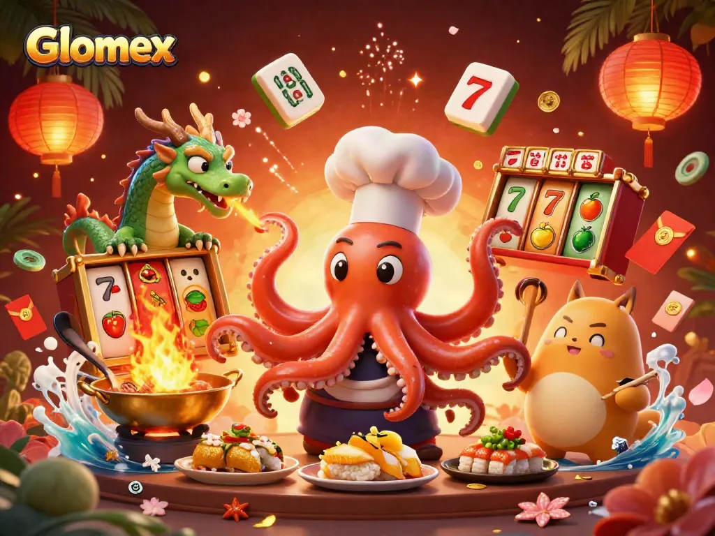 Glomex showcases exciting slot reels and jackpot symbols in a vibrant casino atmosphere.