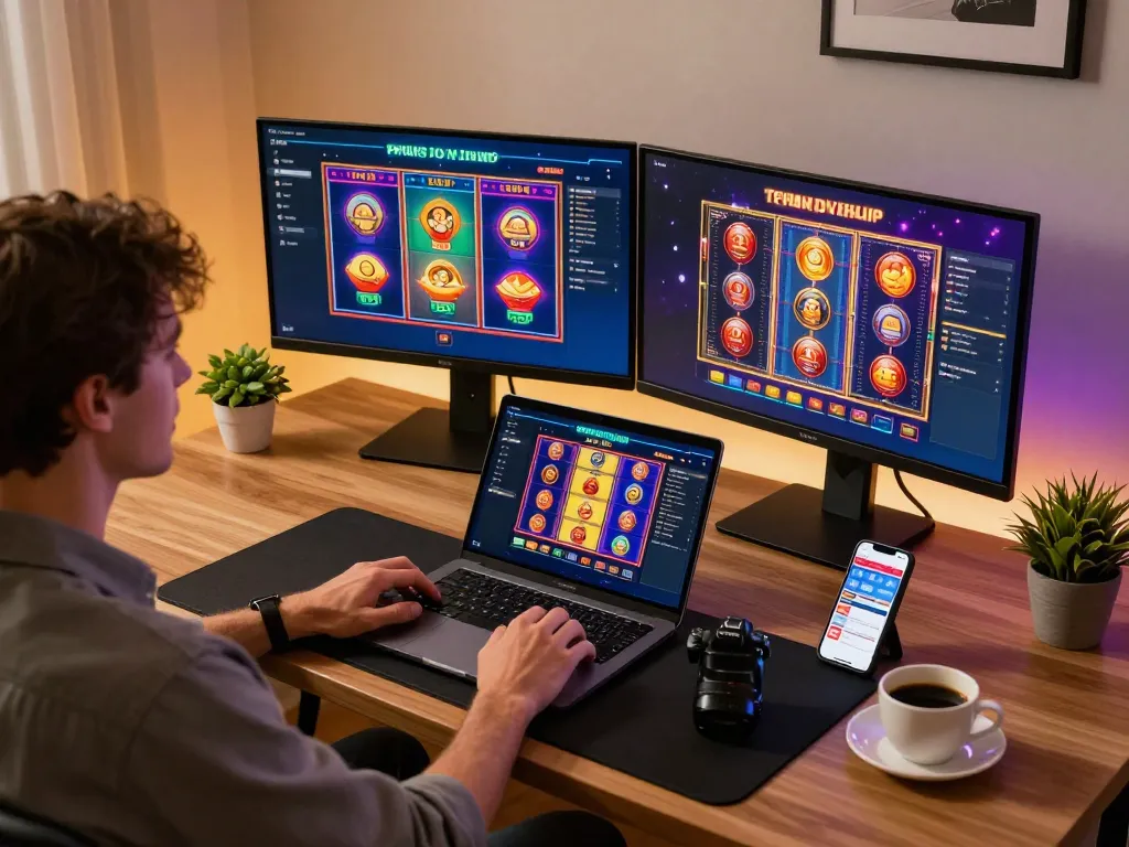 Player exploring exciting online casino options at jus77 on dual screens