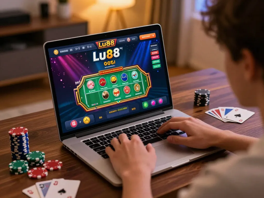 Engaged player using Lu88 online casino on laptop in cozy home setting, depicting strategic gameplay.