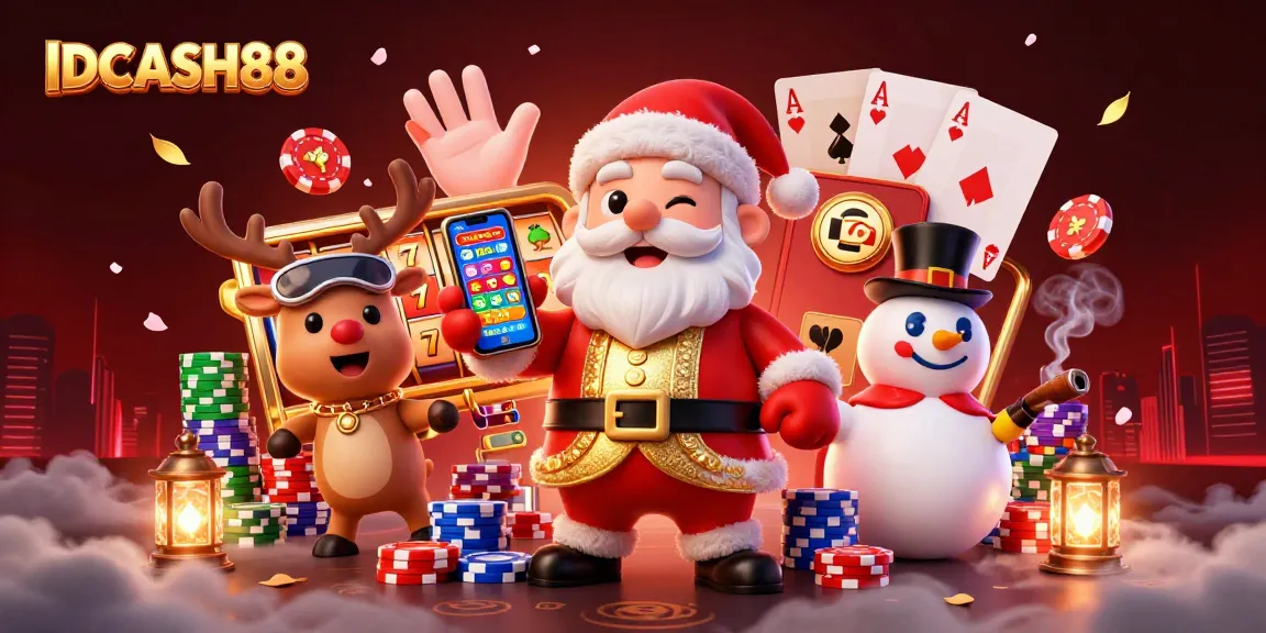 Experience jackpot thrills with IDCASH88 as Santa and friends celebrate winnings in this vibrant casino scene.