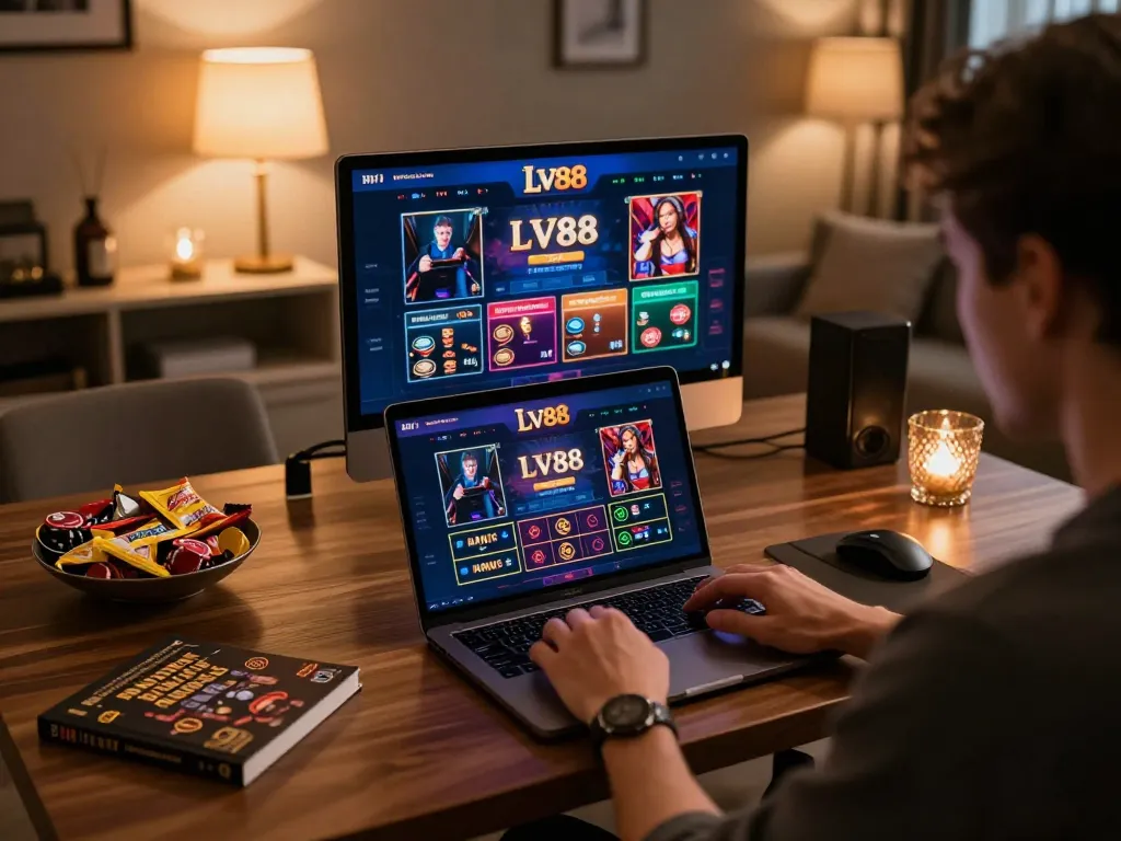 Experience LV88 online casino gaming with an engaging home setup featuring a laptop and snacks.