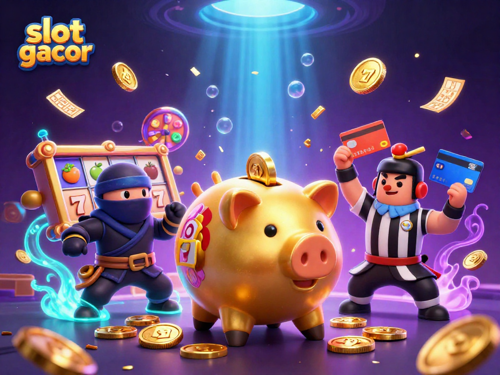 Engage with slot gacor's dynamic fun featuring a sumo wrestler piggy bank, vibrant colors and exciting game elements.