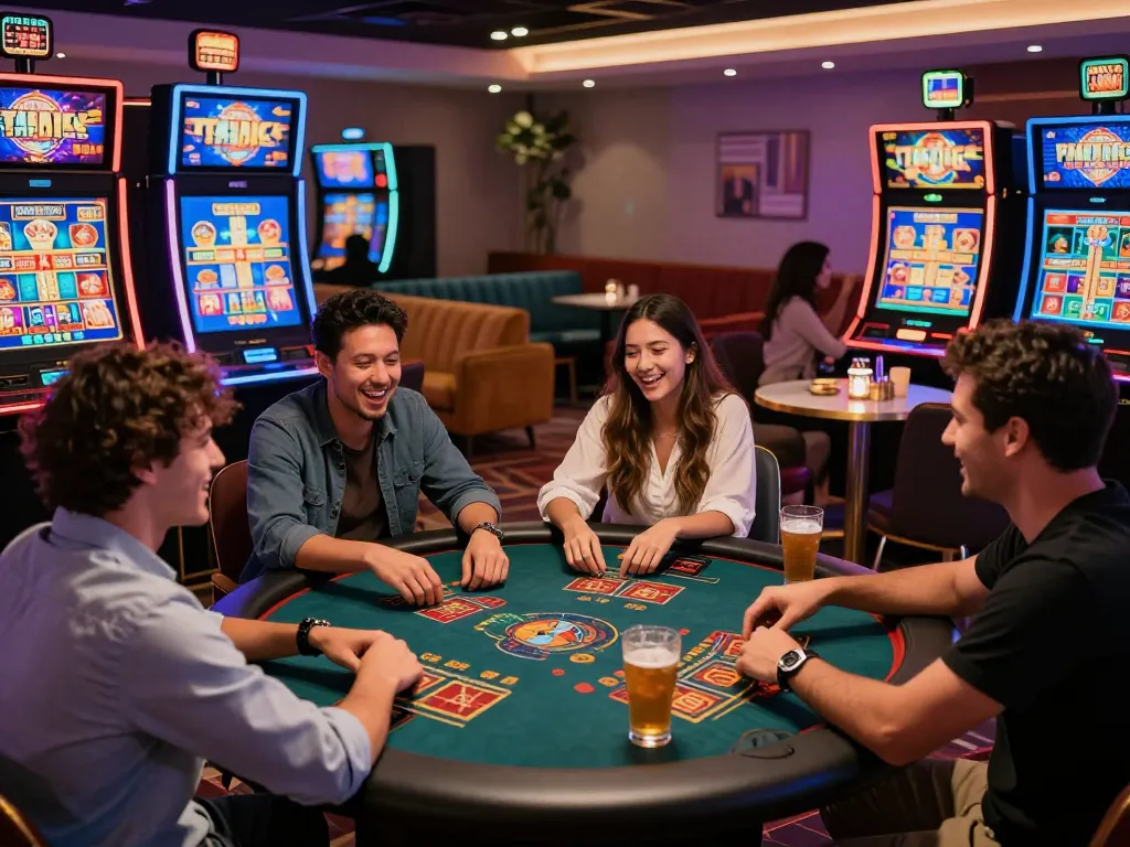 Kuwin online casino with friends enjoying games in a vibrant atmosphere.