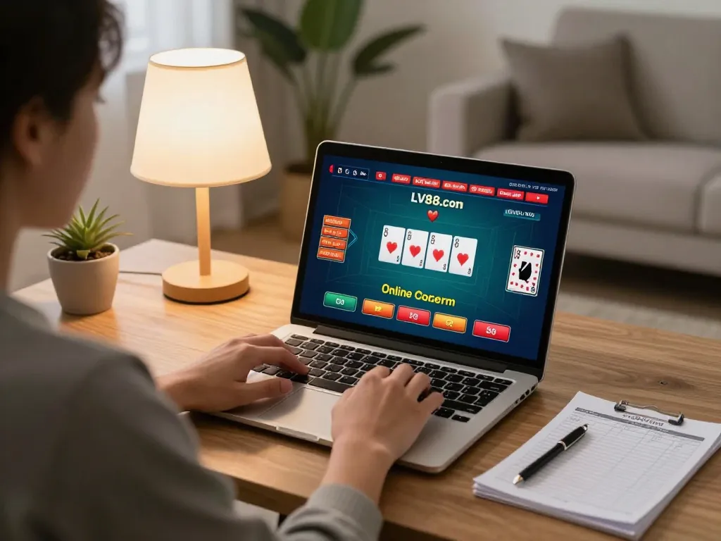 Engaged player strategizing on LV88.com while playing poker from home setup.
