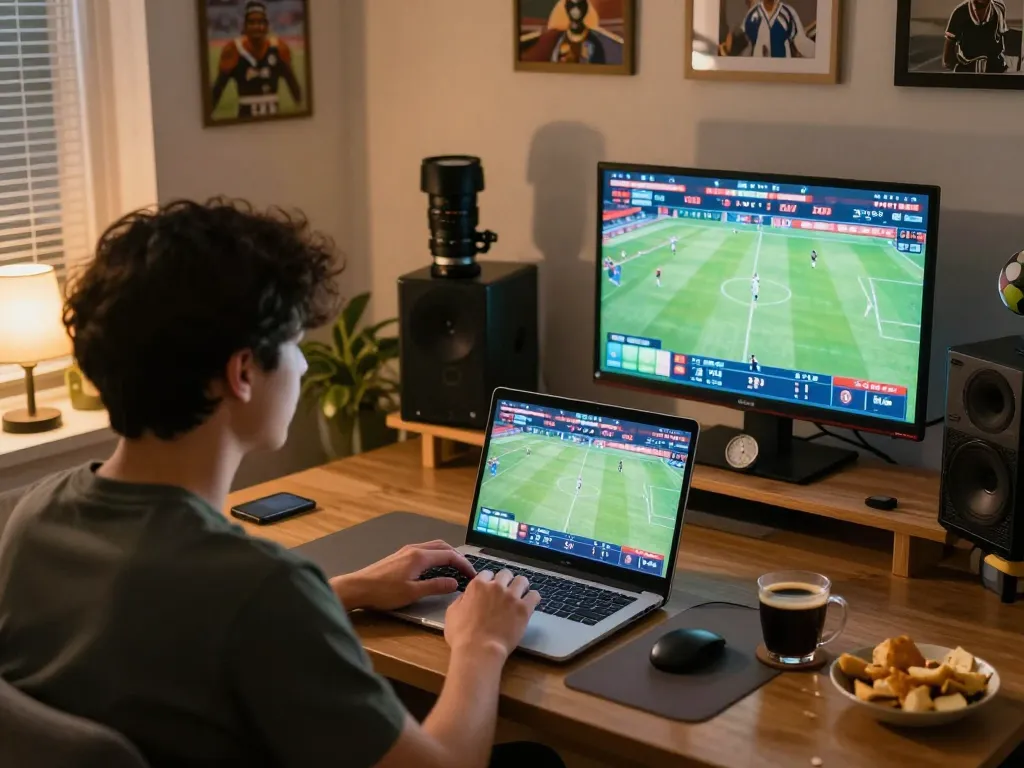 Player engaged in sports betting on MPOSPORT, showcasing live match odds on laptop screen in a cozy home setup