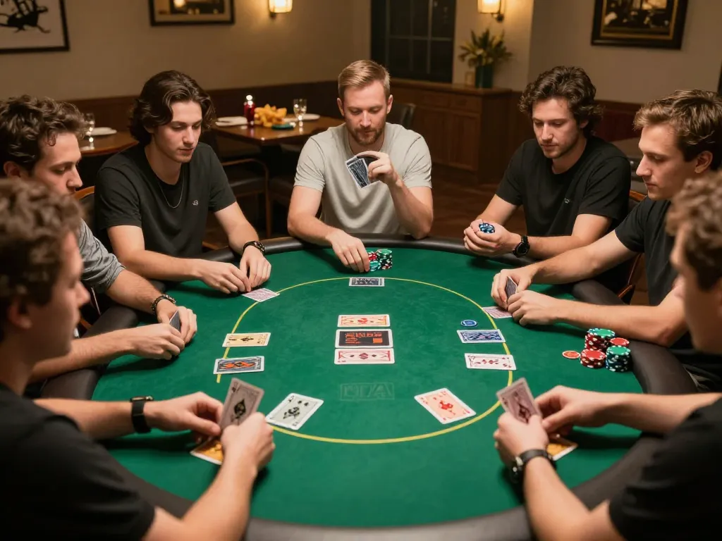 Players engaged in a strategic poker game during a cozy home night at rikvip, showcasing chips and cards.
