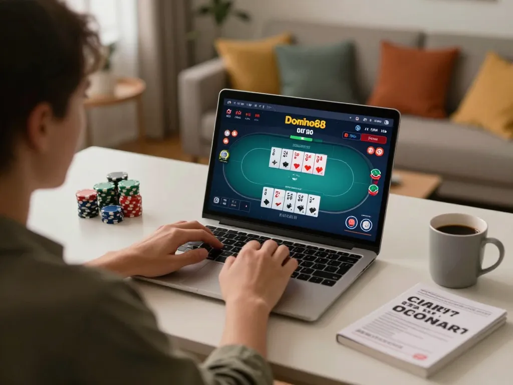 Player enjoying online poker on link domino88 with warm home ambiance and strategy notes