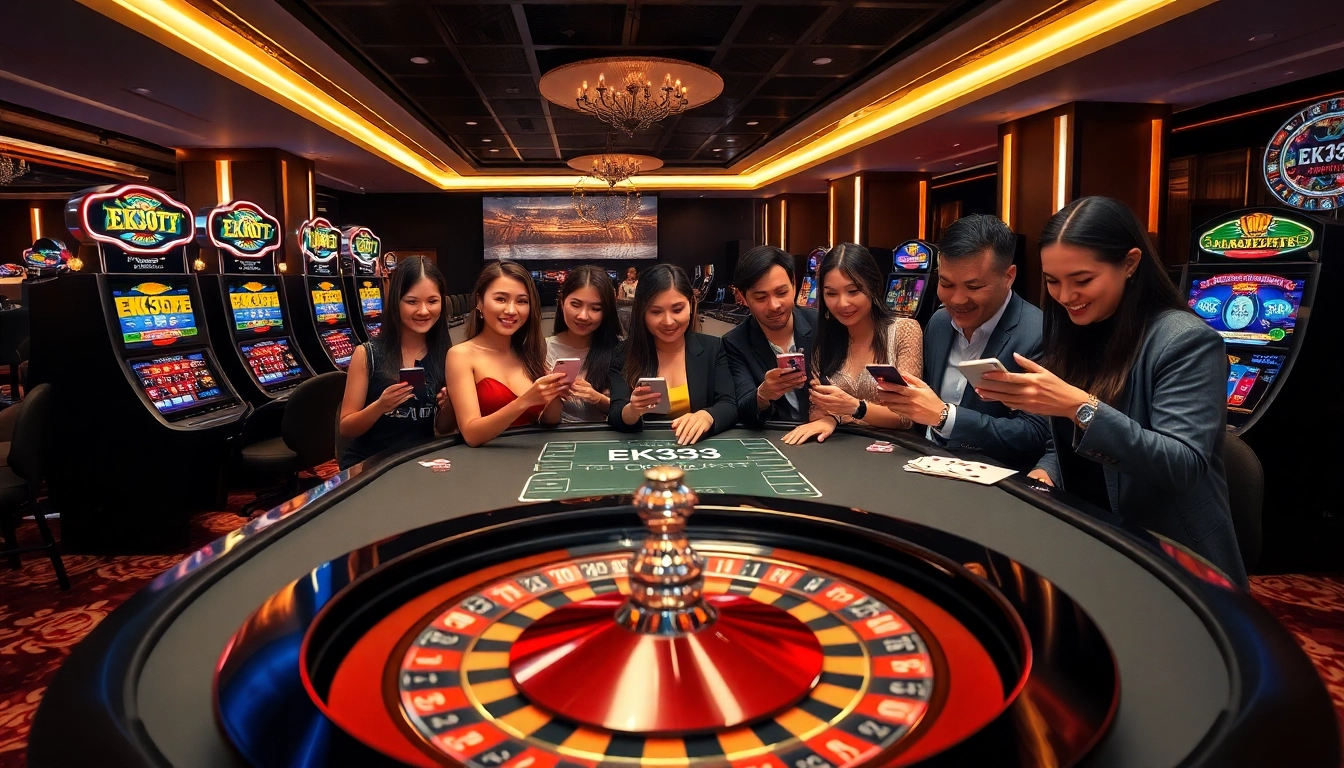 Players enjoying EK333 casino games at a luxurious table with vibrant slot machines.
