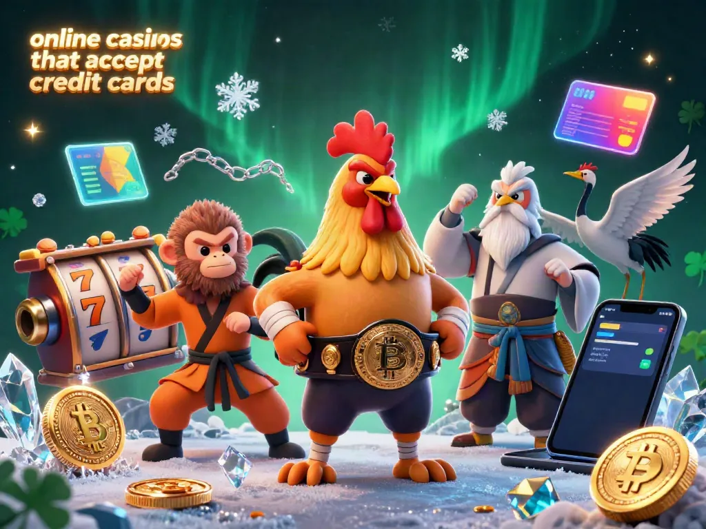 Win big at online casinos that accept credit cards with a dynamic scene featuring a Muay Thai rooster and gaming elements.