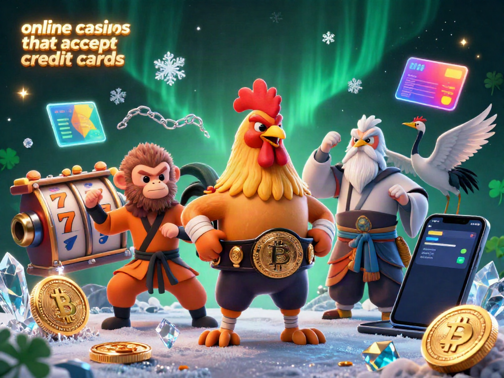 Win big at online casinos that accept credit cards with a dynamic scene featuring a Muay Thai rooster and gaming elements.