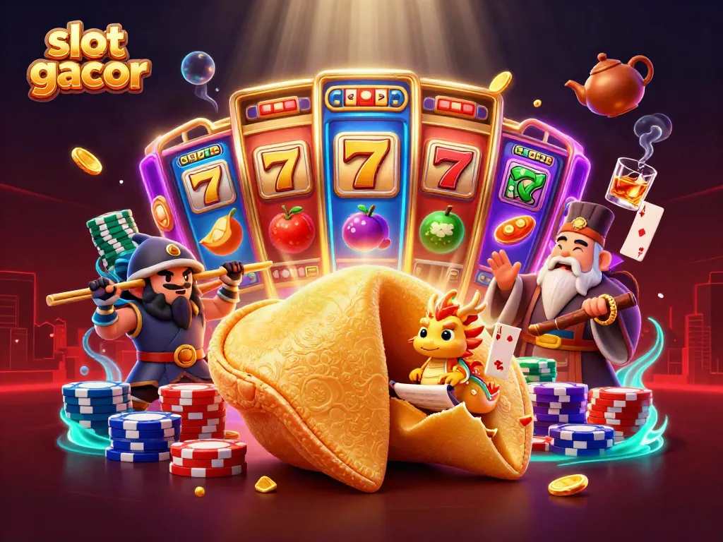 Engage with slot gacor in a vibrant casino scene with animated characters and dynamic slot game elements.