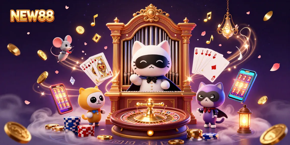 Join the excitement at NEW88 with a dazzling casino scene filled with 3D characters and vibrant gaming elements.