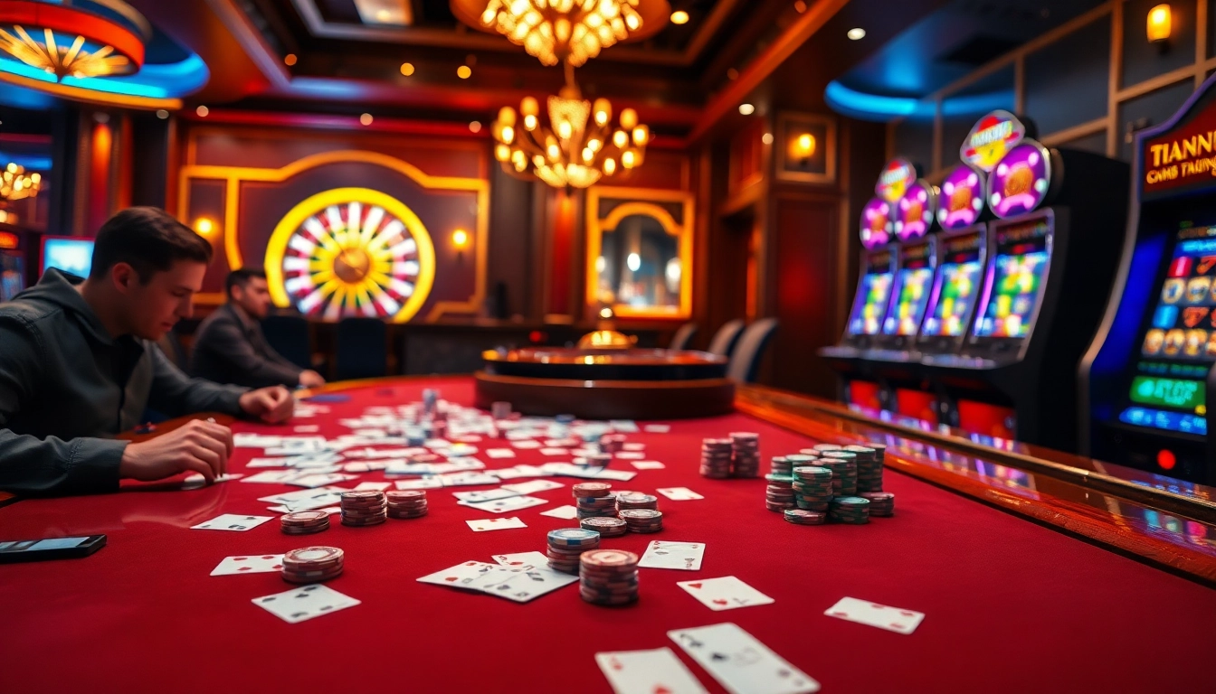 Thrilling gameplay of game bài đổi thưởng at a vibrant casino table with poker chips and cards.
