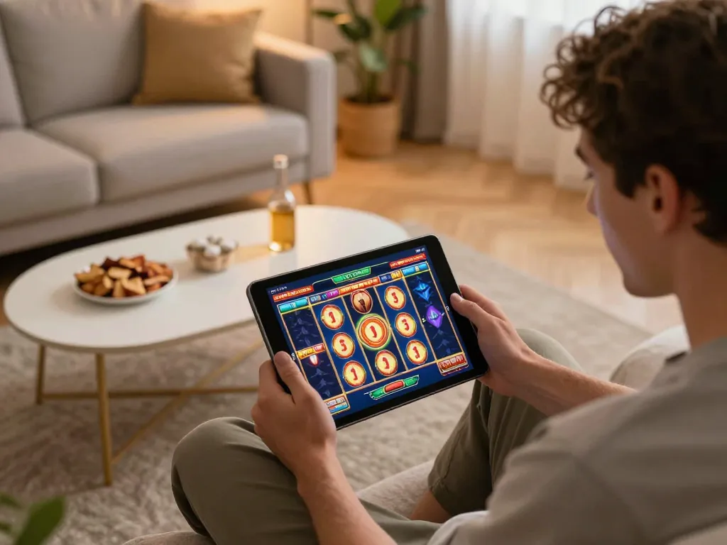 Experience the excitement of online slots at DRAGON222 with vibrant gameplay on tablet in cozy home setting