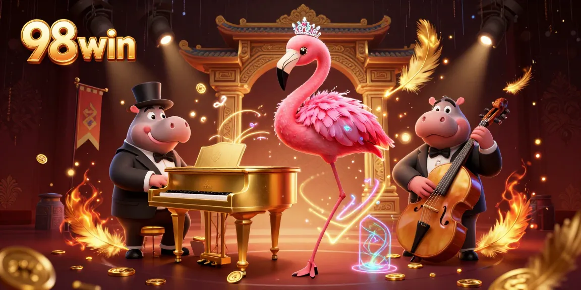 Engage with 98 win in a vibrant 3D casino scene featuring flamingo singer and hippo bassist.