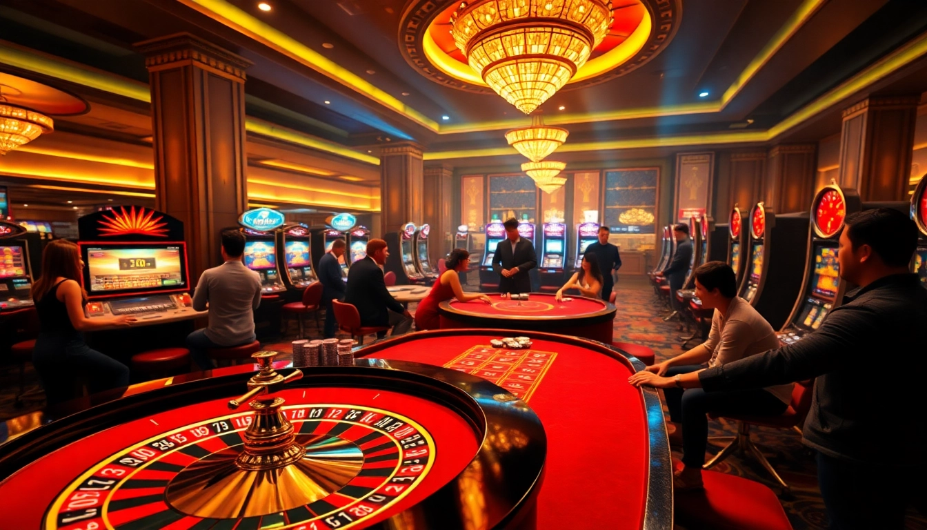 Players enjoying the thrill of gaming at MMOO casino, featuring roulette wheels and poker tables.